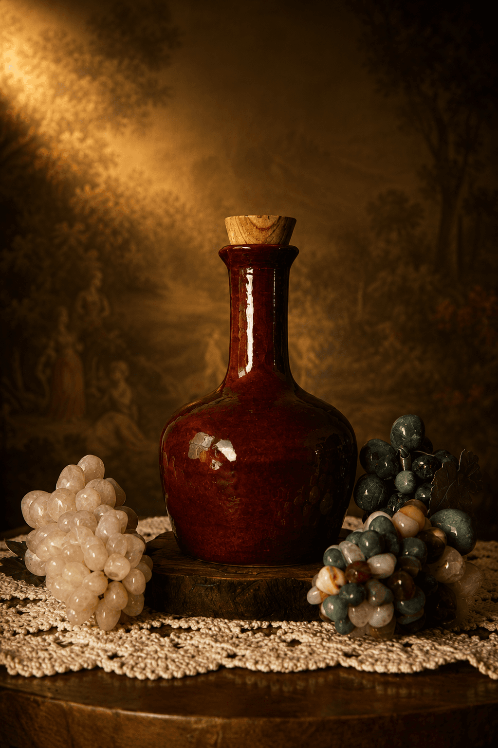 The Bri' Zeit carafe with grapes and lace in warm golden light
