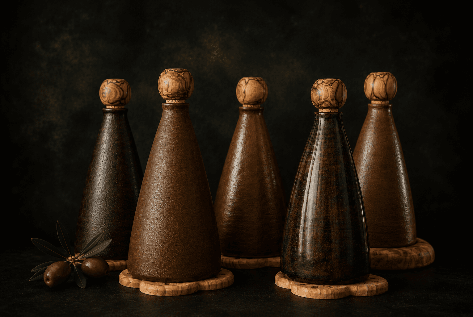 A row of tantour carafes in different glazes