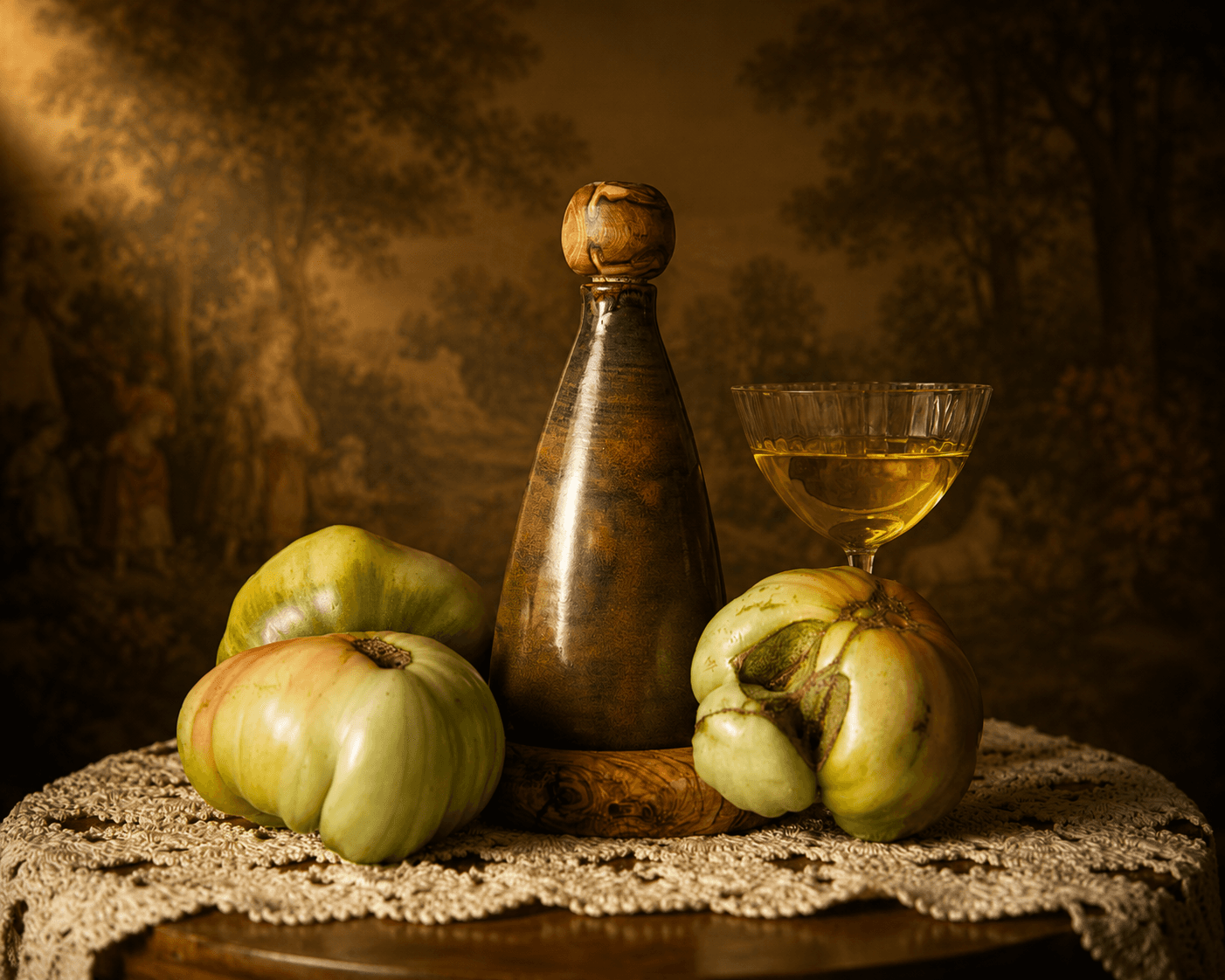 A tantour carafe with fruit and lace in warm light